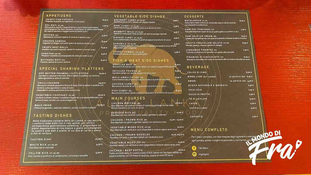 aliya lanka, monza - menu